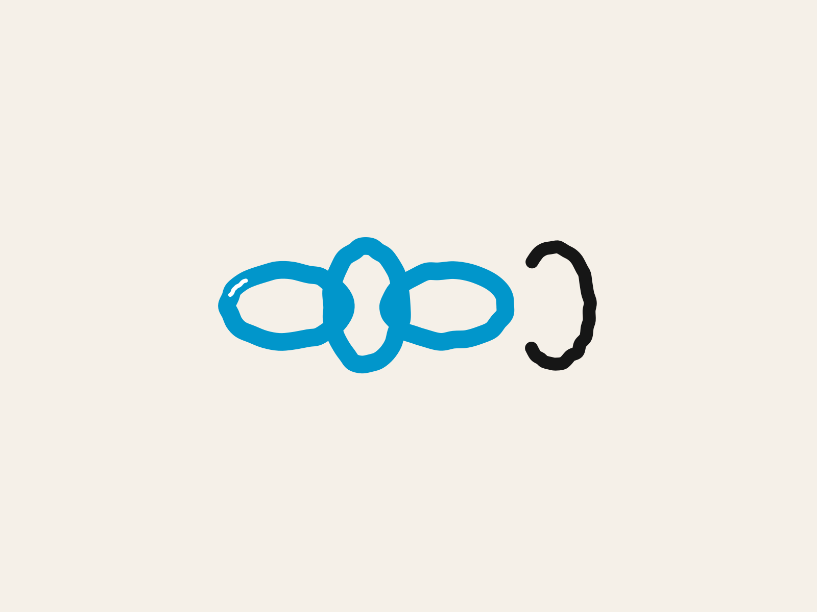 Three interlocking blue paper chain links hold together while a fourth link, drawn in black line only, stands apart with its gap turned back toward the chain, standing for the attribution link that evidence about AI rarely closes.