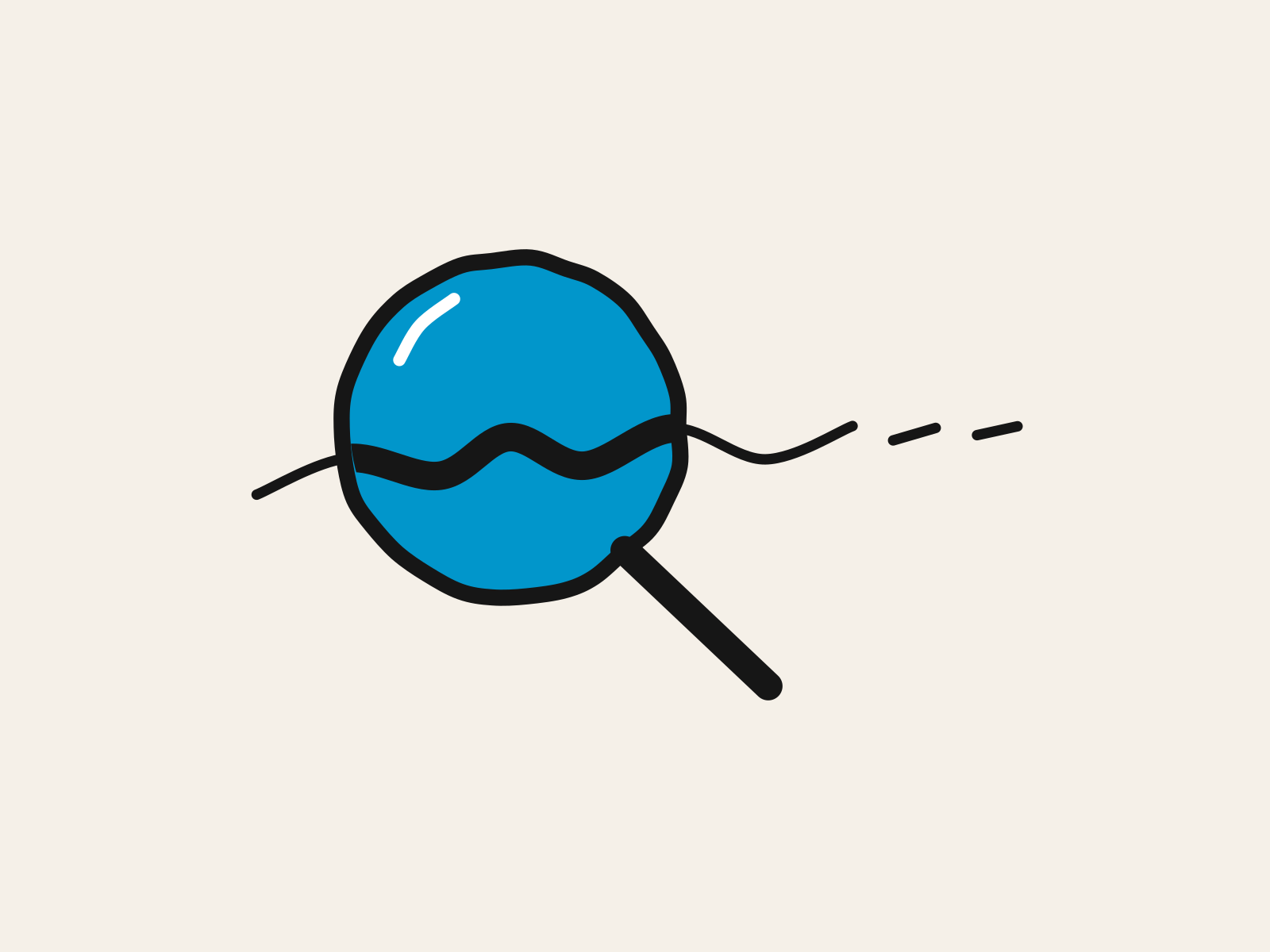 A blue magnifying glass held over the near end of a long black hand-drawn trail that runs on well past the lens, standing for an organization examining only a small part of what its AI use is already changing.