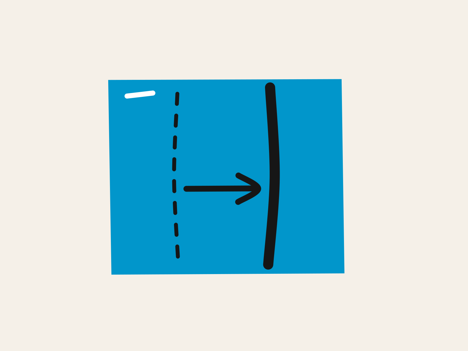 A blue sheet of work with a thick black line drawn down it and a dashed black line to its left showing where that line used to sit, with a short black arrow pointing from the old line to the new one, standing for the boundary between a person's work and the machine's having already moved.