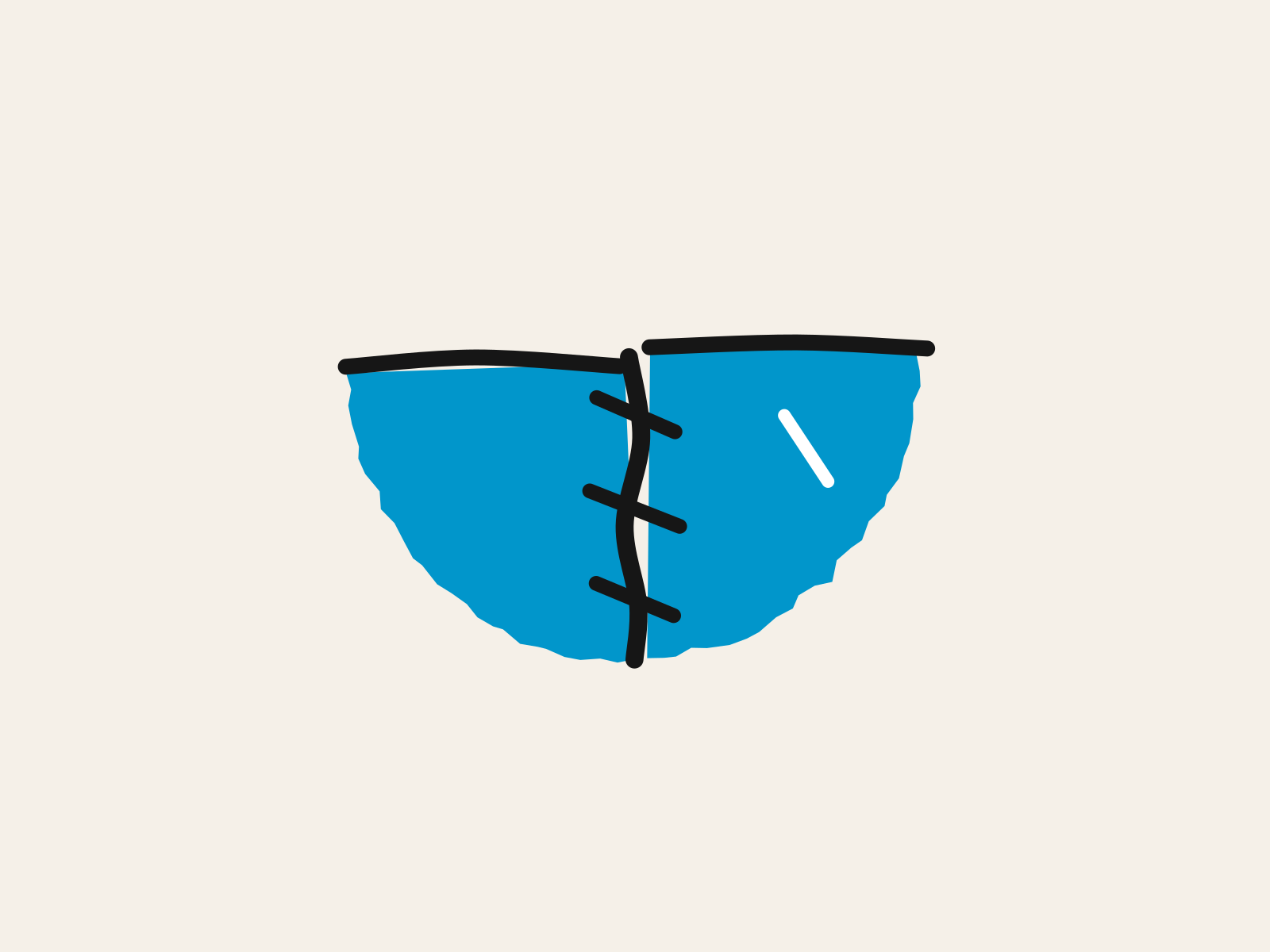 A hand-drawn blue bowl broken in two, with a thick black seam stitching the pieces back together, standing for putting something right after an AI tool has got it wrong.