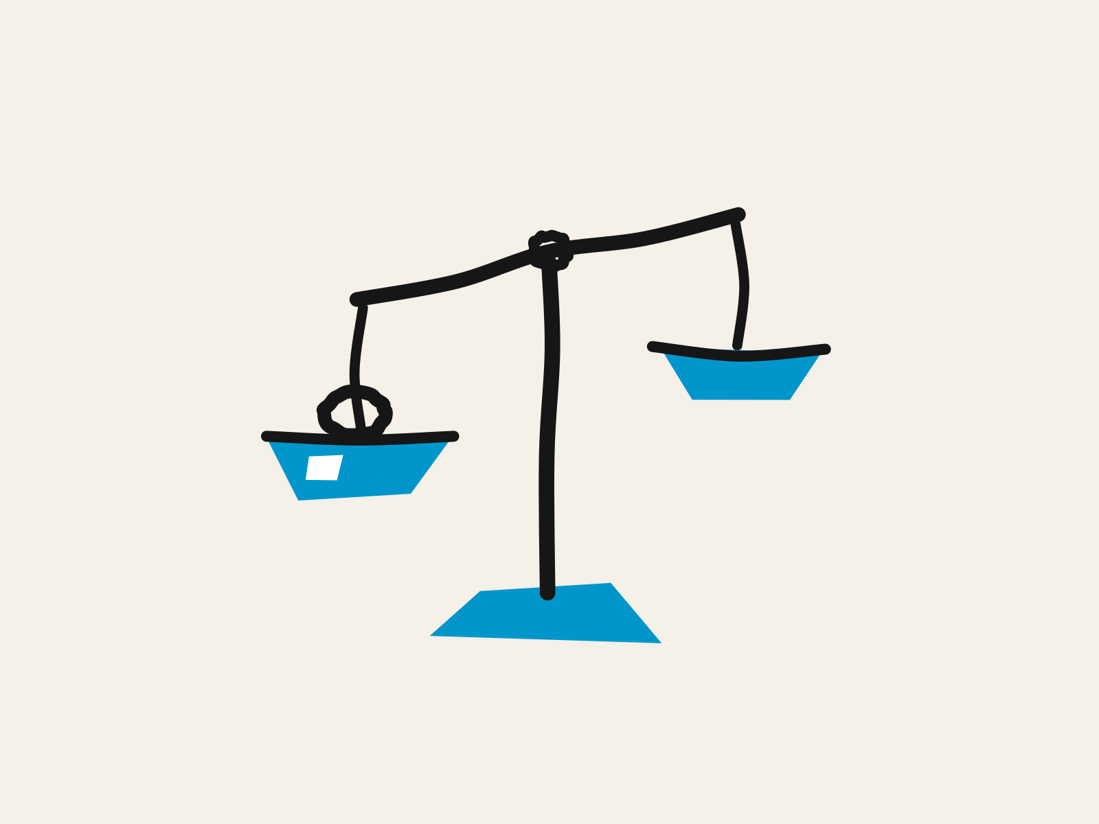 Hand-drawn balance scales in blue and black, one pan hanging low under a single weight and the other empty and raised, standing for the difference between capability an organization holds and dependence it leans on a tool for.