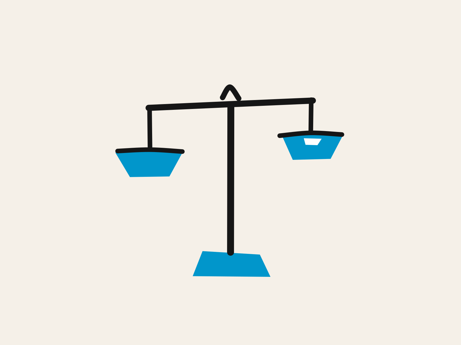 A hand-drawn pair of balance scales with two blue pans, the left one hanging lower than the right, standing for weighing the evidence before acting on a suspicion.
