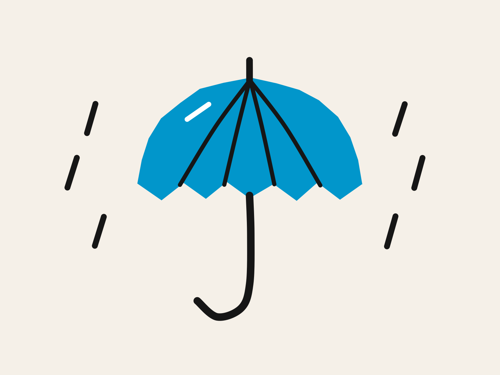 A blue paper umbrella with black ribs and a hooked handle stands in black rain strokes, standing for shelter that a trusted adult offers a student.