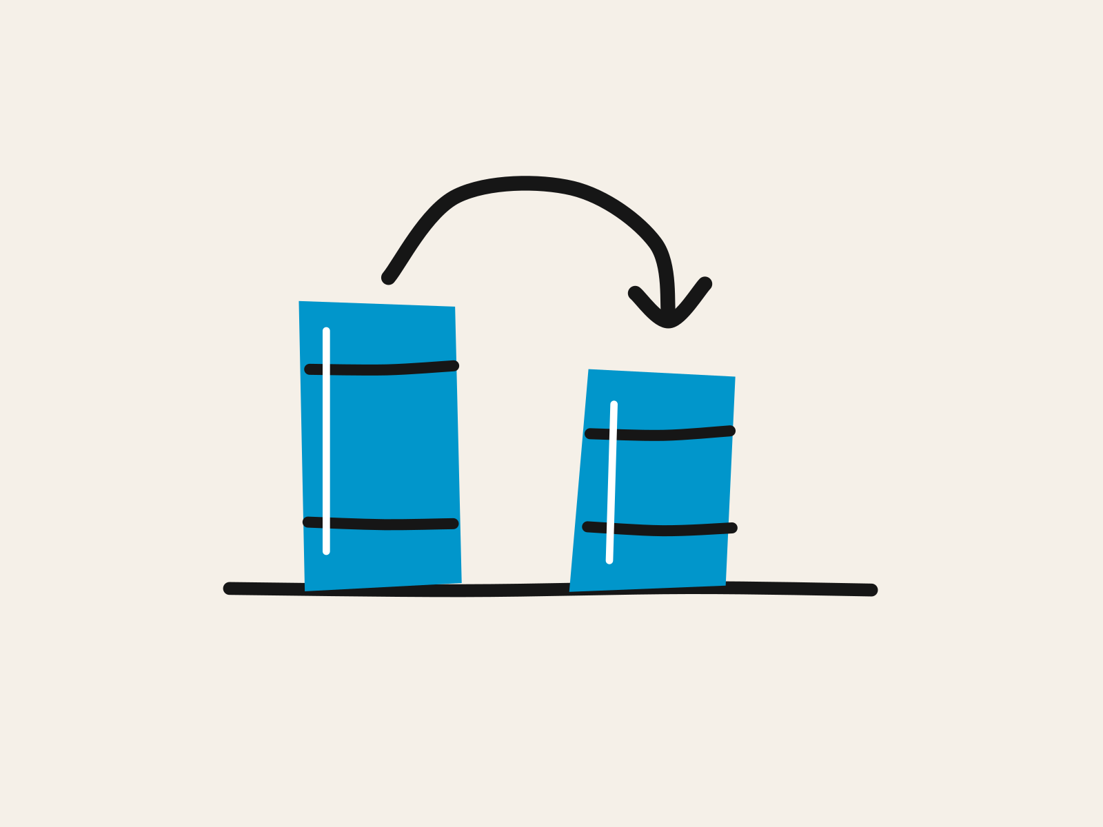 Two blue cut-paper books standing side by side, each banded with black spine lines, and a black hand-drawn arc arrow passing from the taller to the shorter, standing for the awarding body's rulebook and the workplace's, and the learner's route between them.
