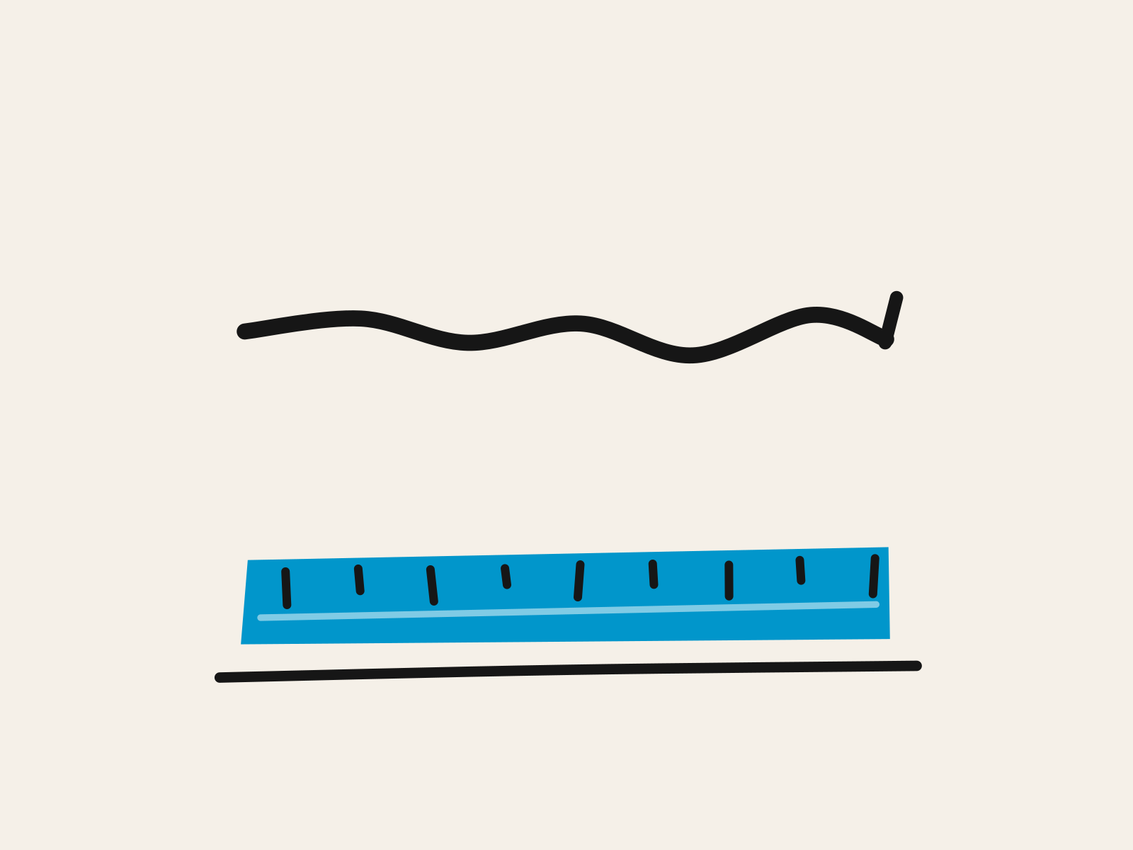 A blue cut-paper ruler marked with black graduations lying flat on a black surface line, and above it a black line drawn freehand and visibly wavering, standing for the judgment to leave the instrument alone and do the work unaided.