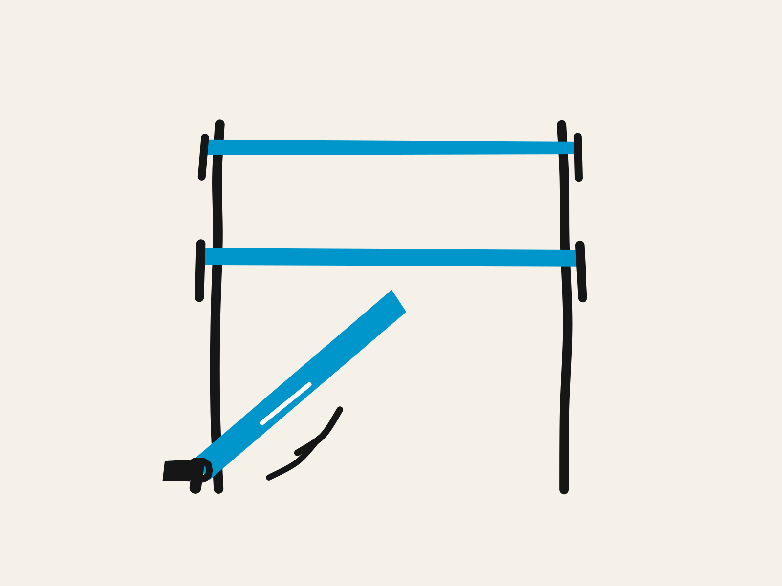 A blue barrier arm raised on its black pivot at the near end of a path, with two more blue barriers still lowered across the way beyond it, standing for an AI roadmap whose later stages stay closed until the gate before them has been passed.