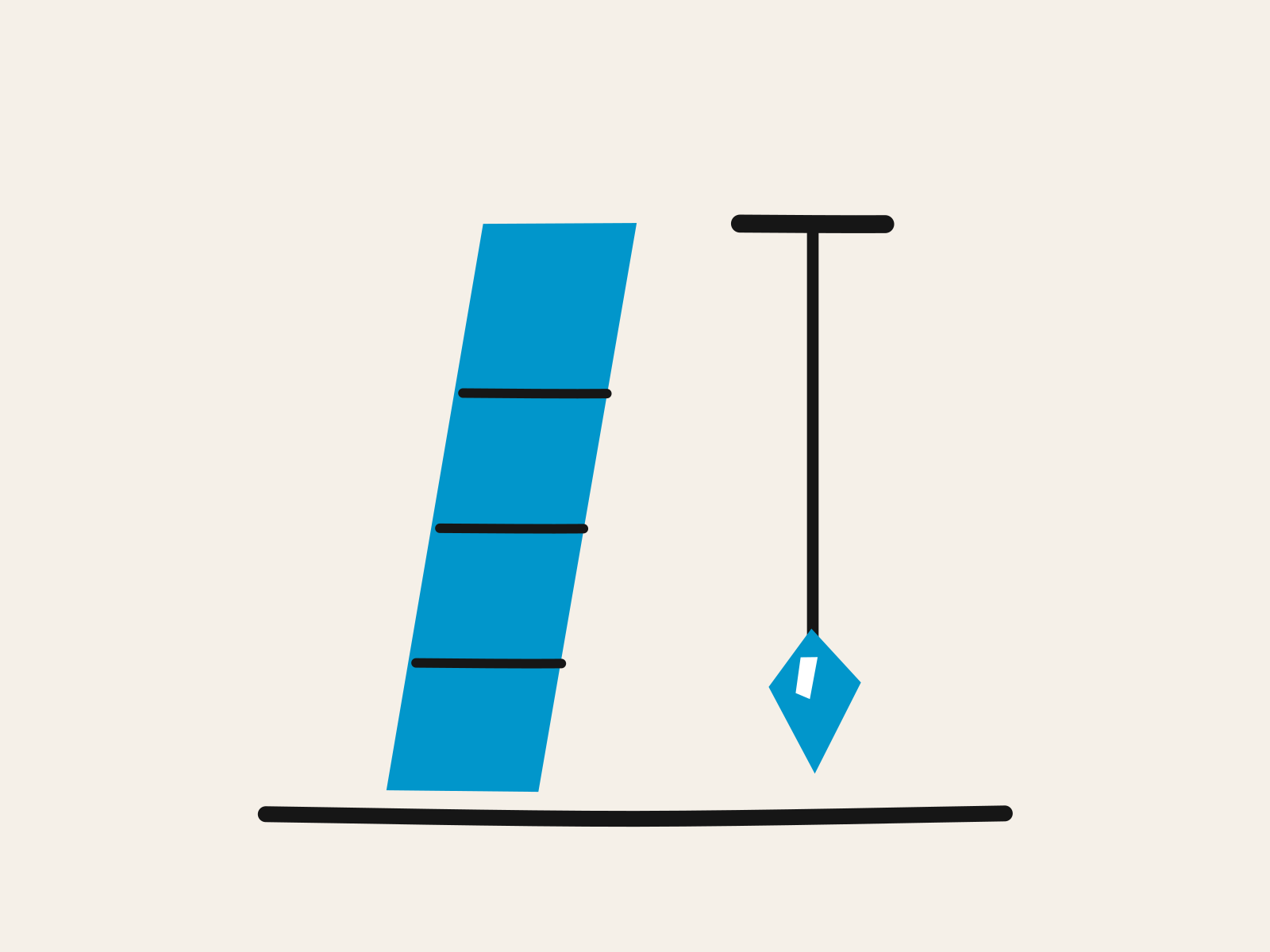 A blue cut-paper wall leaning to one side beside a black plumb line hanging dead straight with a blue weight on the end, standing for judging your position against true rather than against whatever leans next to you.