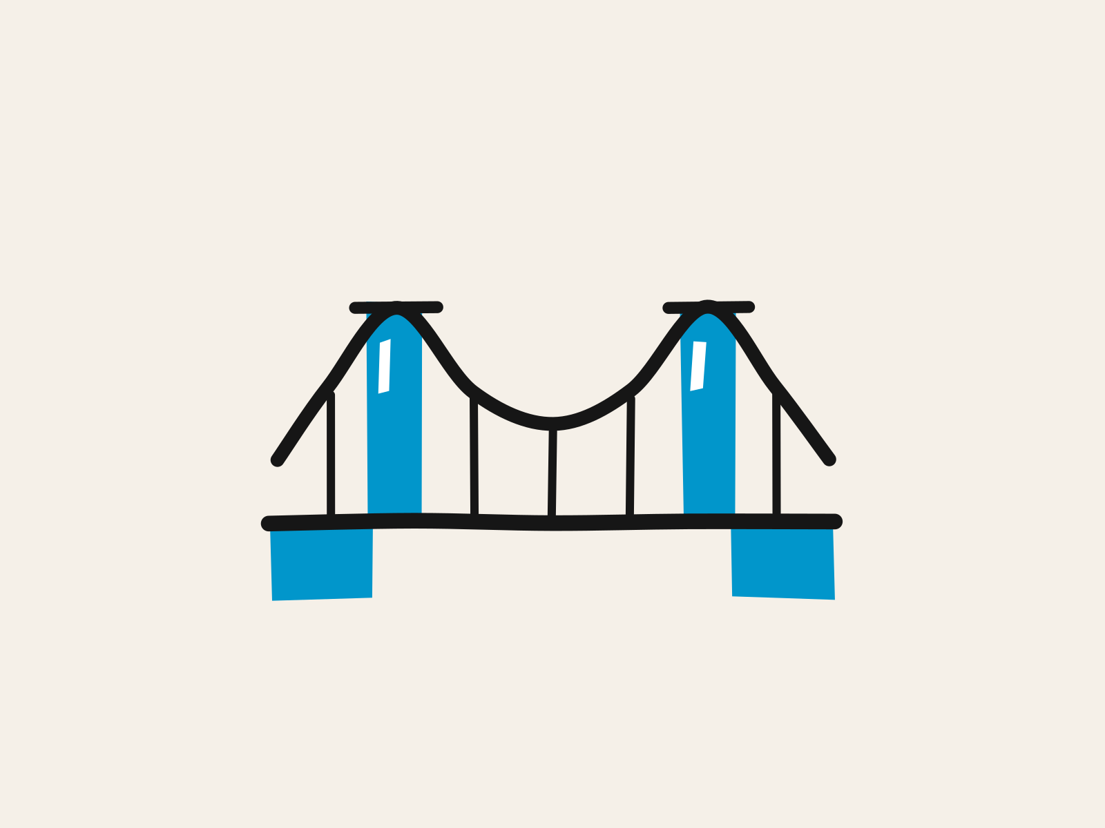 A hand-drawn suspension bridge in blue and black, its two towers standing on either bank, standing for the span a district builds between the clauses federal law settles and the ones it must decide itself.