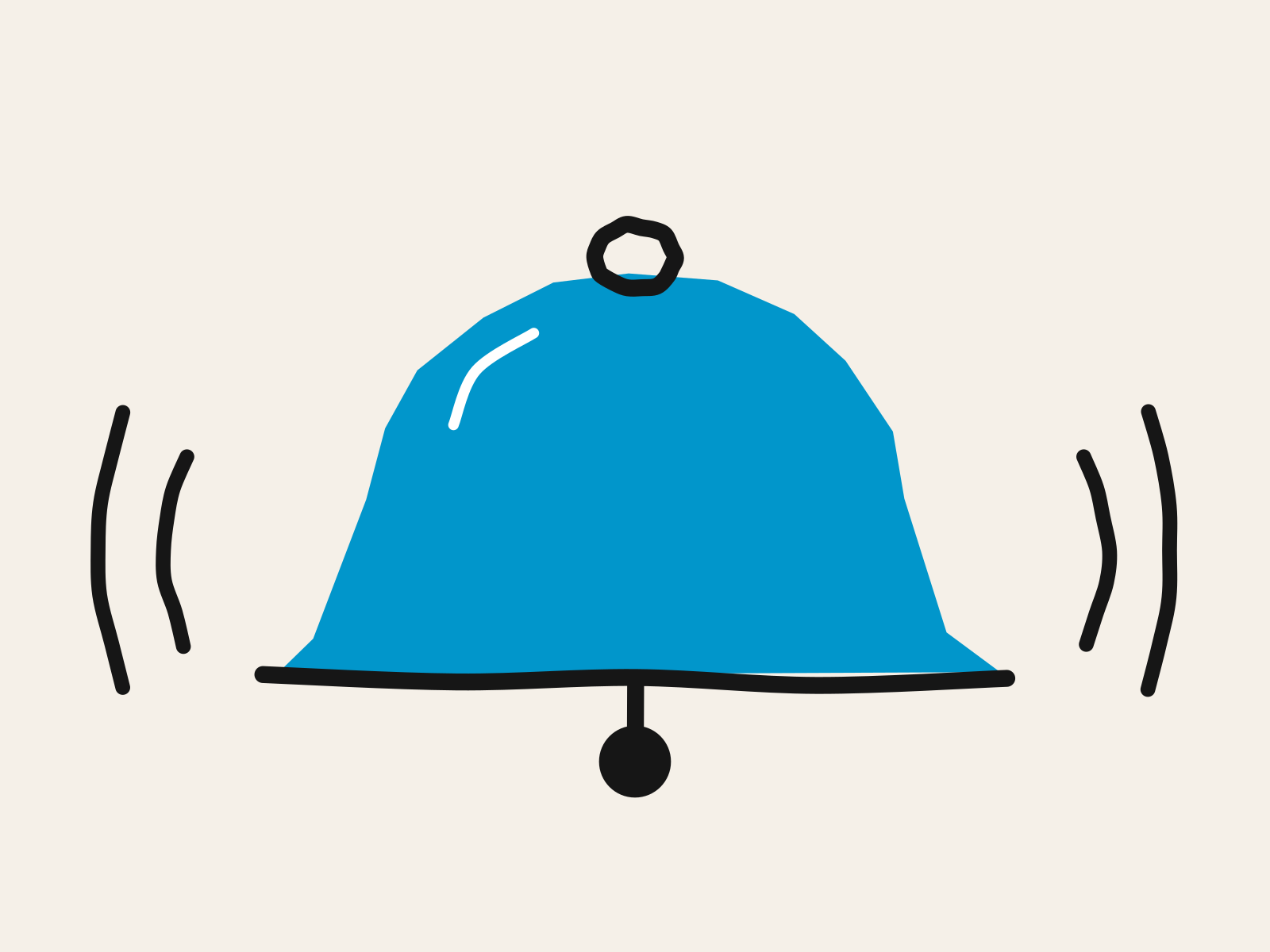 A blue cut-paper handbell with a black clapper and black sound arcs on either side, standing for a concern that reaches the right adult early enough to be acted on.