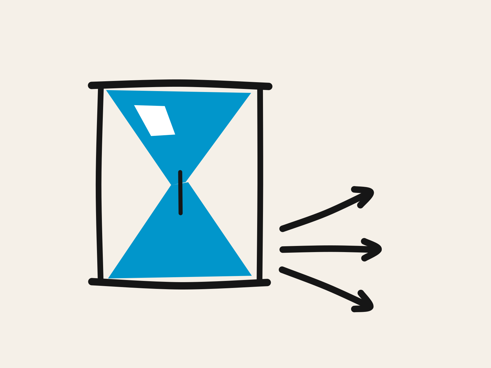 A blue cut-paper hourglass with black frame bars and three black arrows fanning out from its lower bulb, standing for the three places the time AI saves a teacher can go.