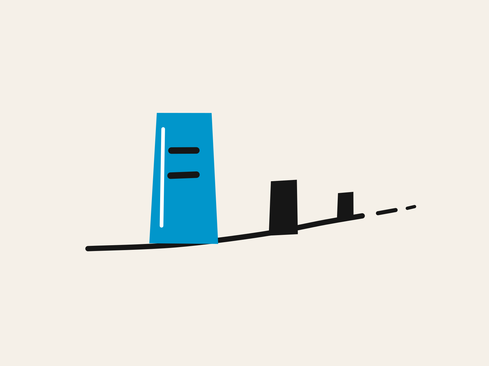 A blue cut-paper milestone standing close at the roadside with two smaller black markers set further along a rising road that fades into dashes, standing for the first fixed point of a ninety-day sequence and the stages that only make sense once it is placed.