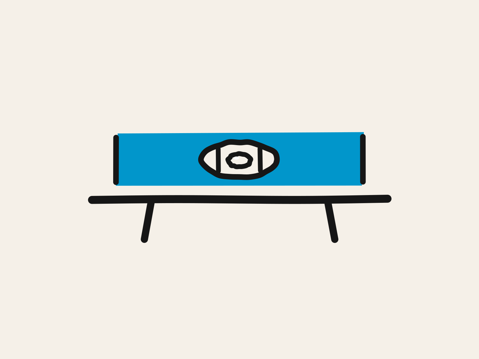A blue cut-paper spirit level lying on a black beam on two trestle legs, its black-ringed window showing a bubble, standing for checking whether practice has really settled into a new position and not just whether people turned up.