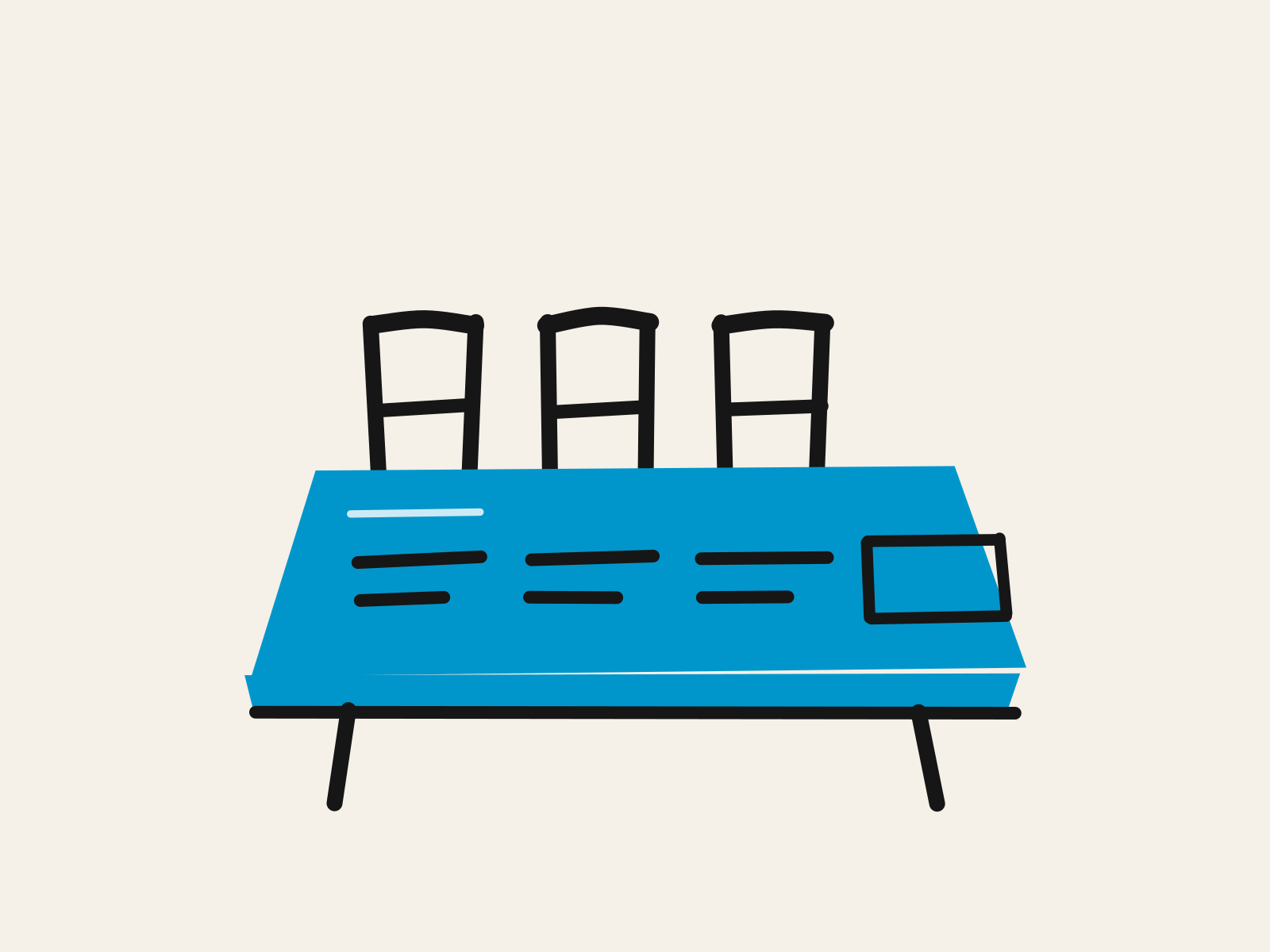 A blue cut-paper meeting table with three black hand-drawn chairs standing behind it and a fourth place left empty, three places carrying written lines and the fourth an empty outlined box, standing for the clauses in an AI policy template that no document can fill because they need a named person in the room.