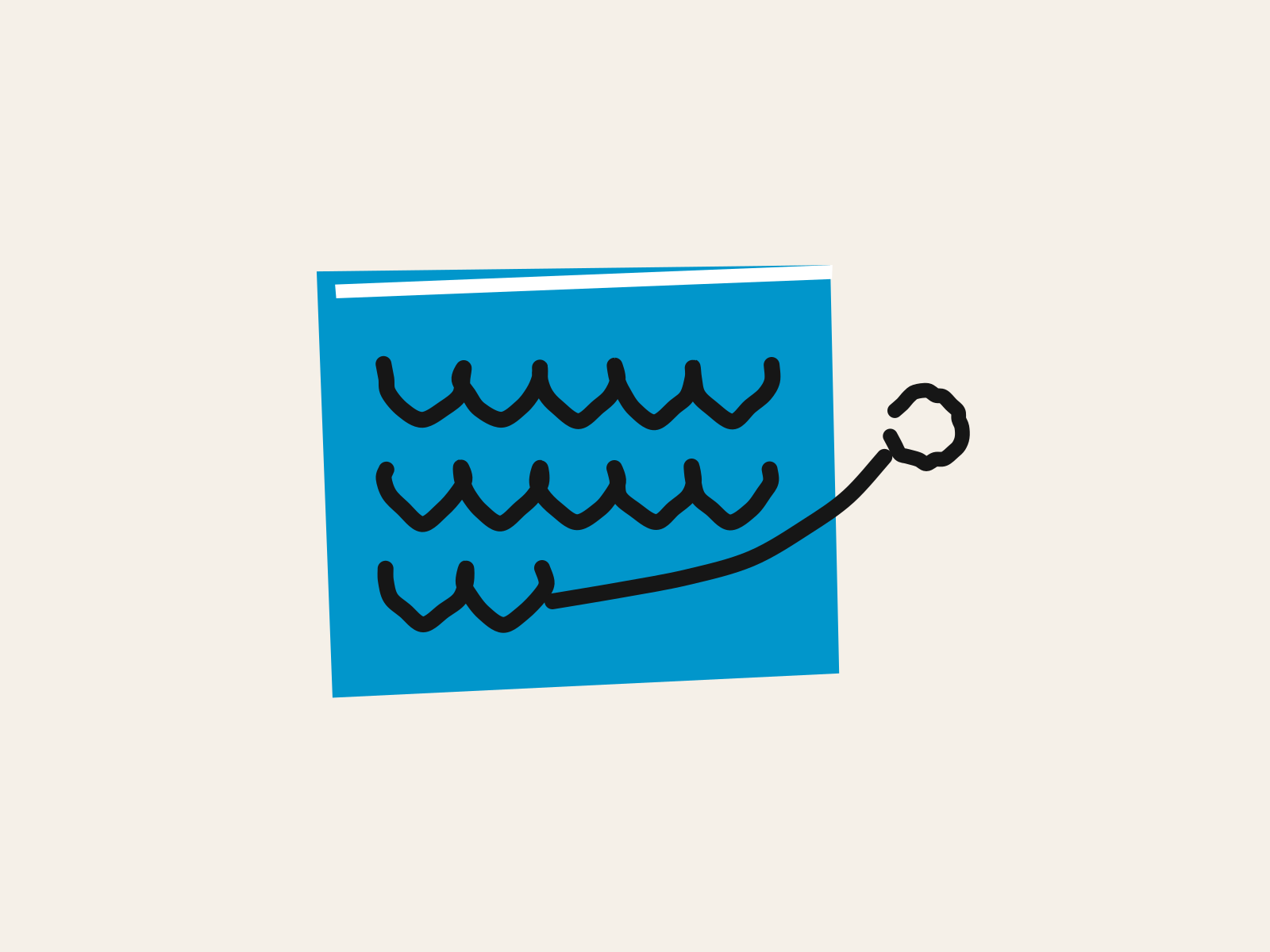 A blue cut-paper report page carrying three black hand-drawn lines of writing, the first two filling the page and the third running off its edge to close in an empty black loop on the bare background, standing for the sentence in a report that has no observation behind it.