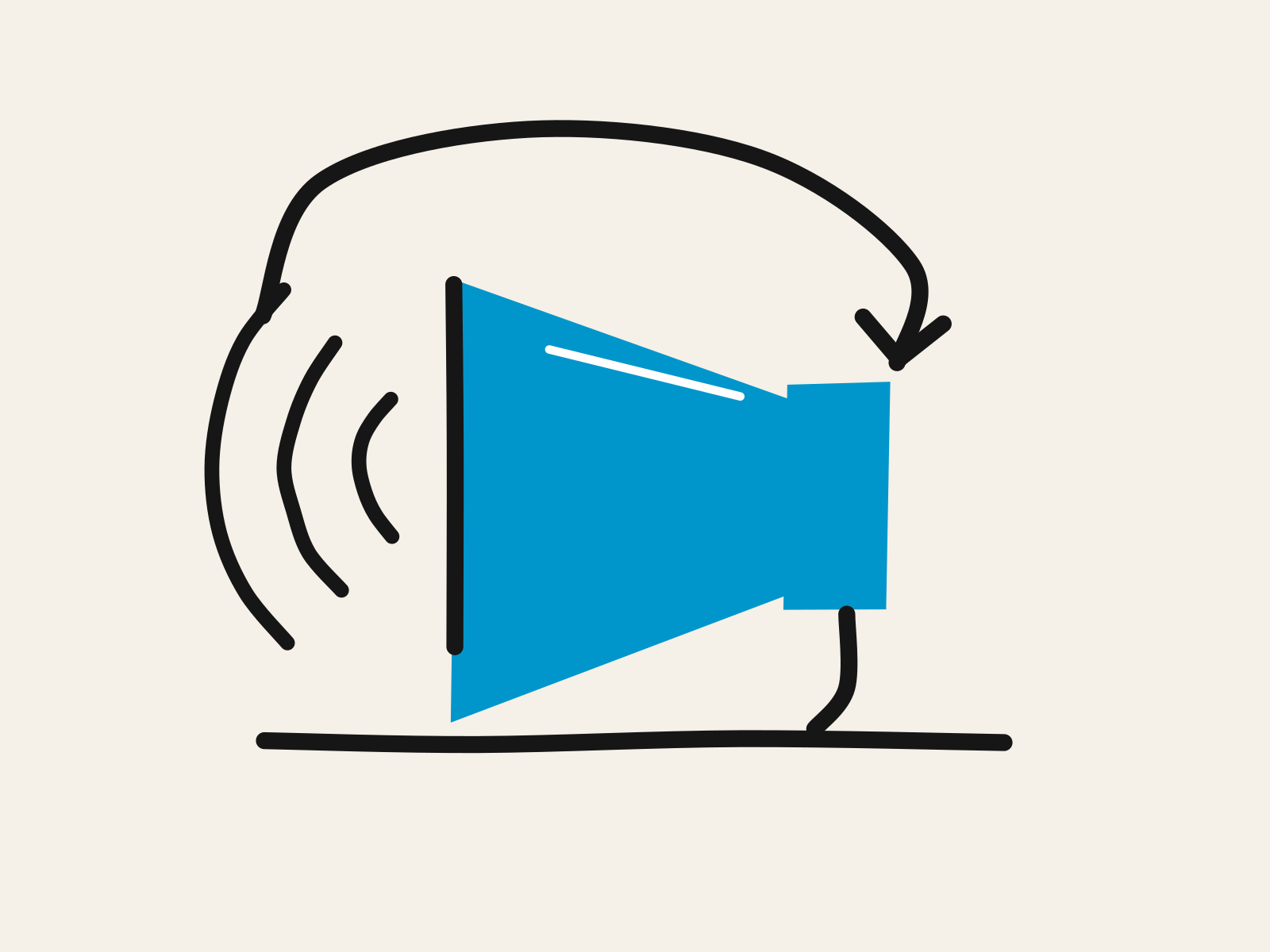 A blue cut-paper megaphone on a black ground line with black sound arcs leaving its mouth and one black arrow curving back to its handle, standing for a school policy read back to the students it was written for.