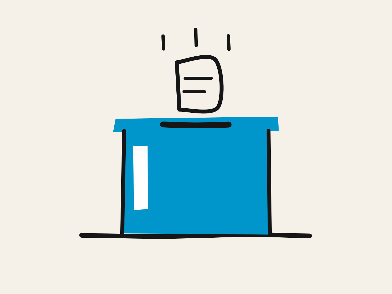 A blue cut-paper ballot box on a black ground line with a black-outlined slip of paper dropping toward its slot, standing for staff answers that can be given safely and anonymously.