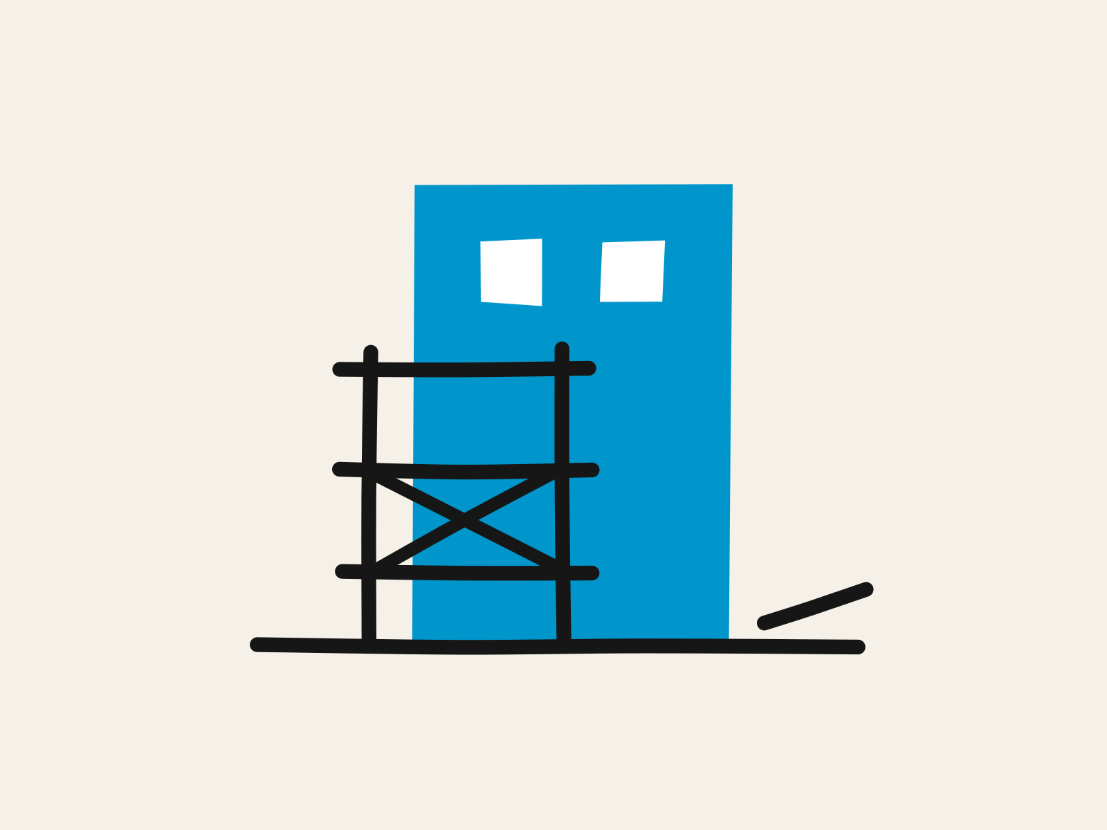 A blue cut-paper building with a black scaffold climbing its lower half, the upper half bare and one pole lying on the ground, standing for support that is taken down once the structure can hold itself.