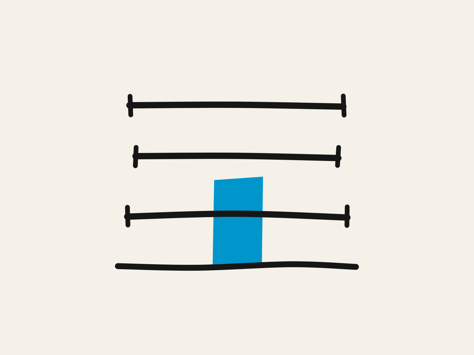 A blue cut-paper block standing on a hand-drawn black ground line beside three black measured bars set at three different heights, the block rising past the lowest bar and falling short of the two above it, standing for the three different age lines a school is judged against at once.