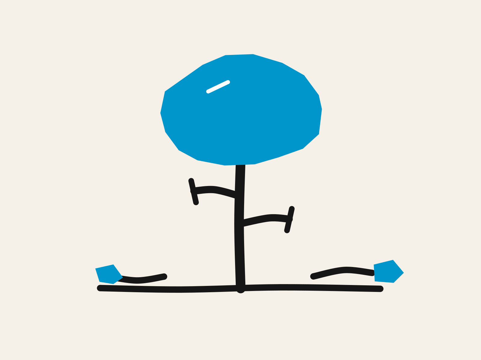 A blue cut-paper tree crown on a black trunk with two short black branch stubs cut off at the ends and two severed branches lying on the ground, standing for the commitments a leader prunes away so the rest can grow.