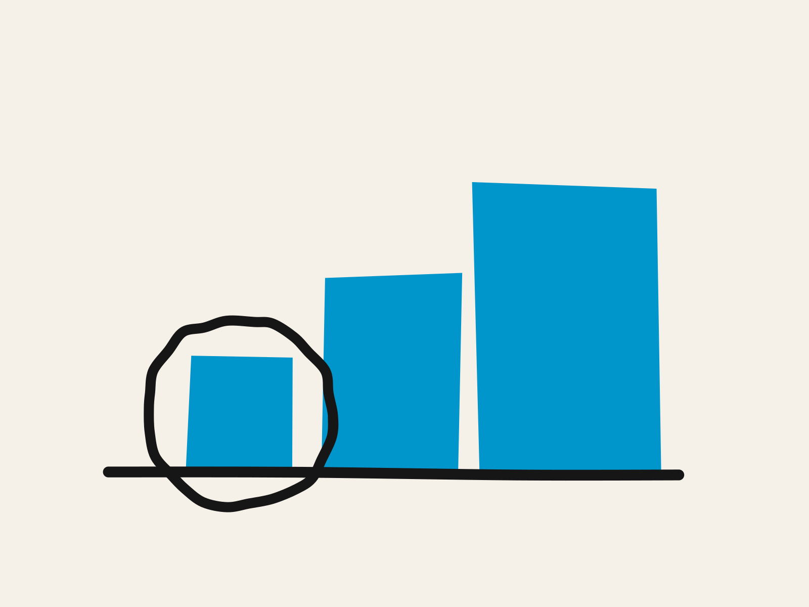 Three blue cut-paper blocks of increasing size stand in a row on a hand-drawn black ground line with a black ring circled around the smallest, standing for choosing the smallest response that fits rather than the largest one available.