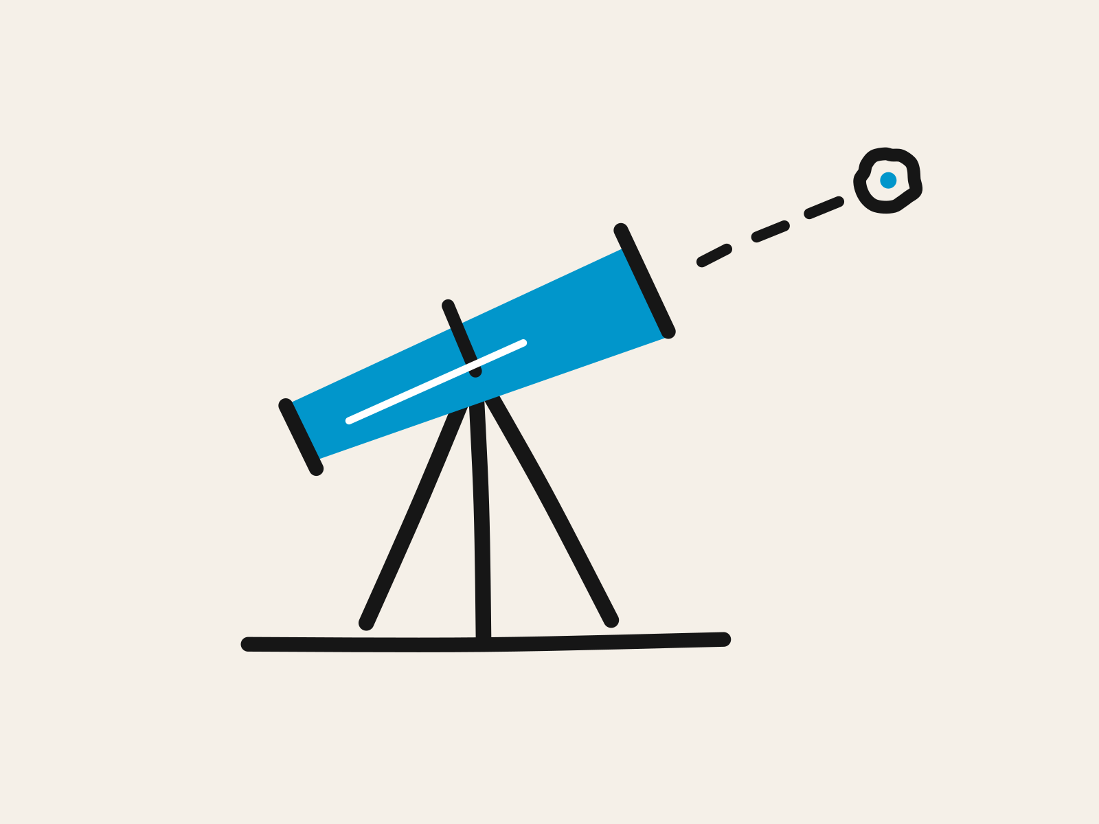 A blue cut-paper telescope on a black tripod and ground line, a dashed black sight line running from its lens to a small distant black ring, standing for careers advice that looks at the actual evidence on the horizon rather than the headline in front of it.