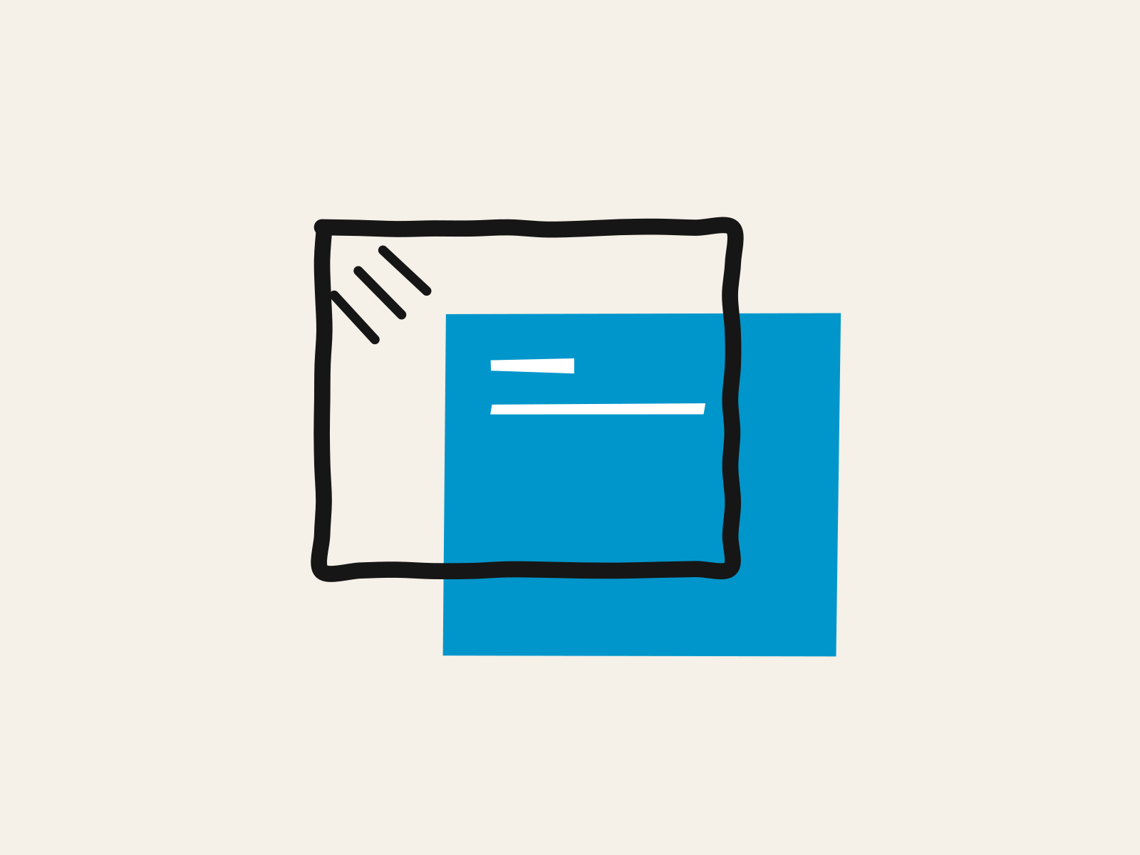A blue cut-paper record sitting out of register with the heavy black hand-drawn outline drawn for it, jutting past the frame at one corner with short slip marks in the gap, standing for an approved AI tool that no longer matches its approval.