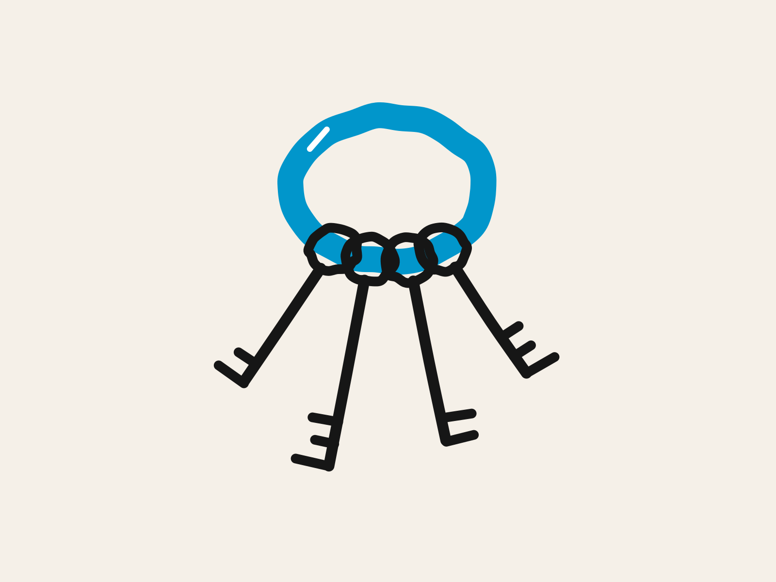 A blue cut-paper key ring threaded with four hand-drawn black keys of different shapes, standing for a group seated so that every decision a school owes can be unlocked in one room.