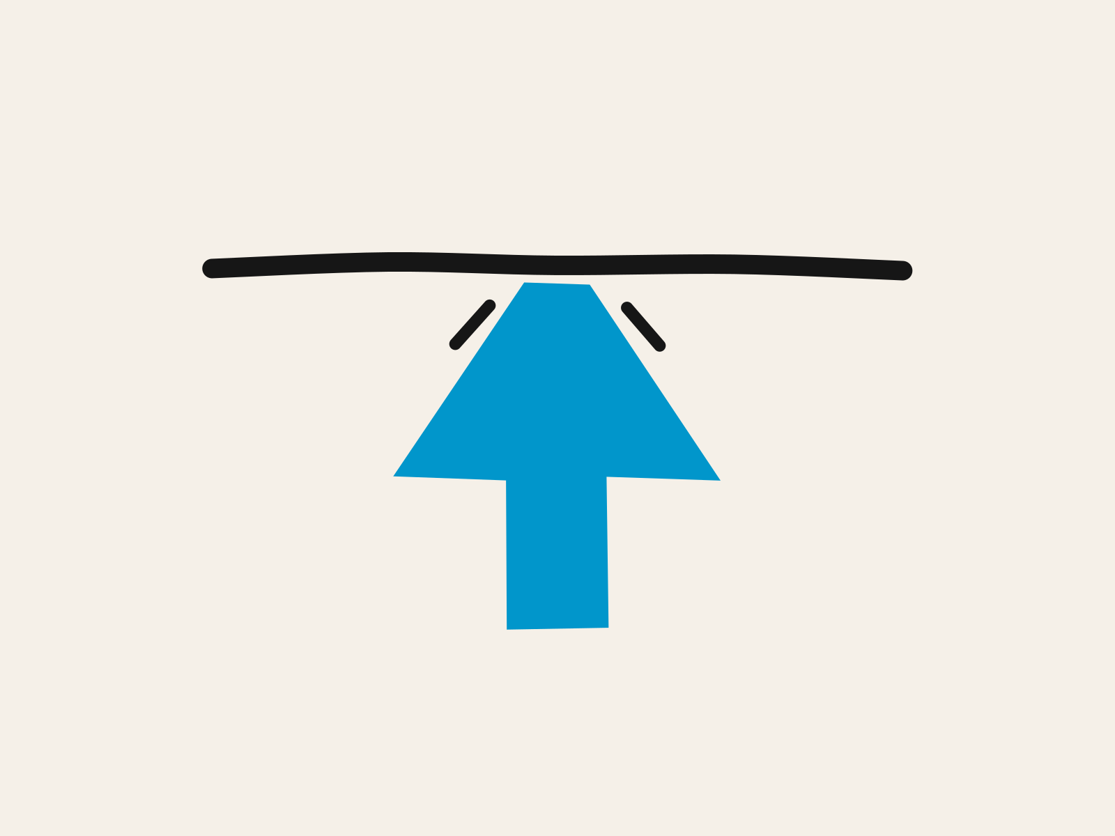 A blue cut-paper arrow rising and stopping flat against a heavy black horizontal line, with two short black stress marks at the point of contact, standing for the limit an enthusiastic individual reaches when the next step needs a decision rather than a demonstration.